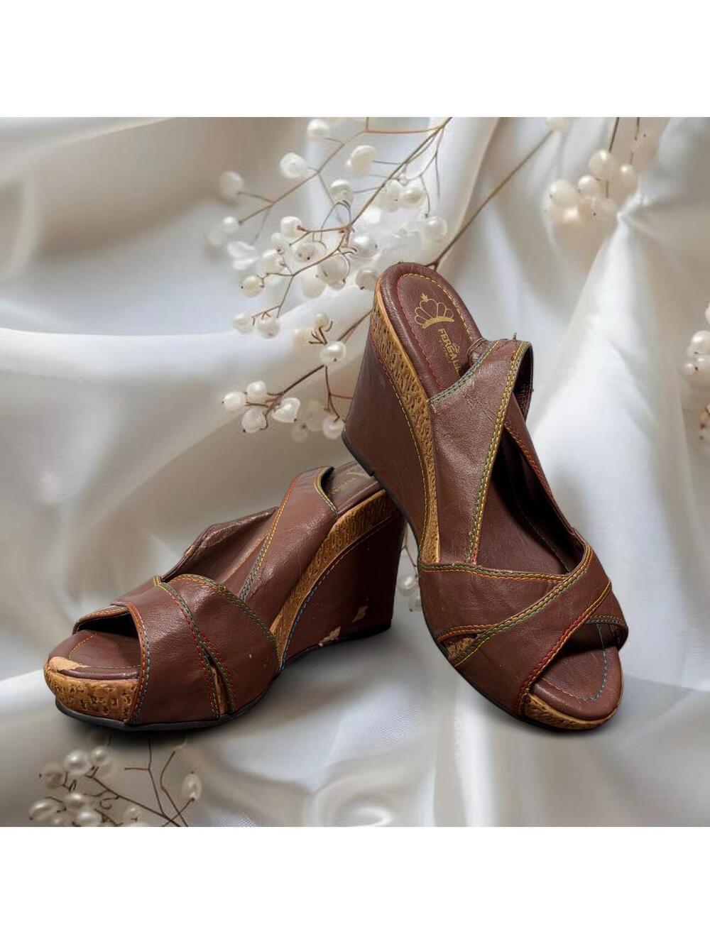 FERGALICIOUS BROWN LEATHER WEDGE MULE SANDALS